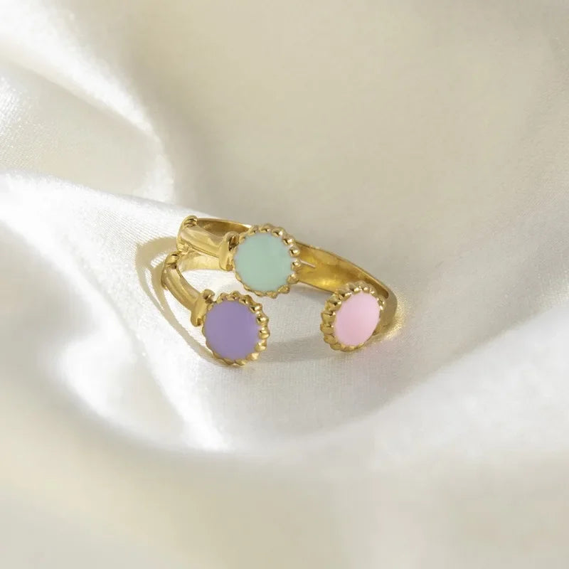 Boho Enamel Geometric Leaf Sunflower Open Rings Gold Plated Stainless Steel Rings For Women Aesthetic Couple Party Jewelry Gifts