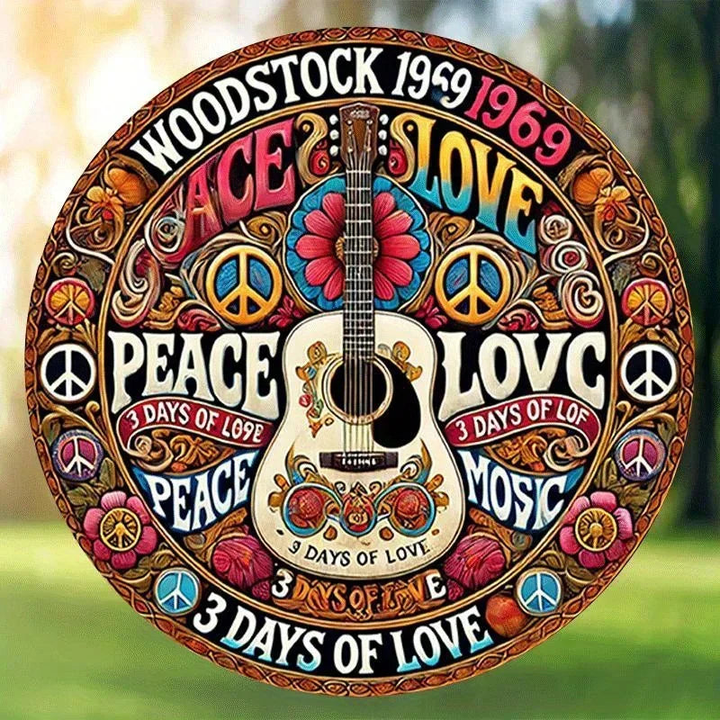Home Decor，Retro Peace and Love Design with Guitar and Flowers,  Home Decor -  New Year's, Valentine'S Day, Music Decor