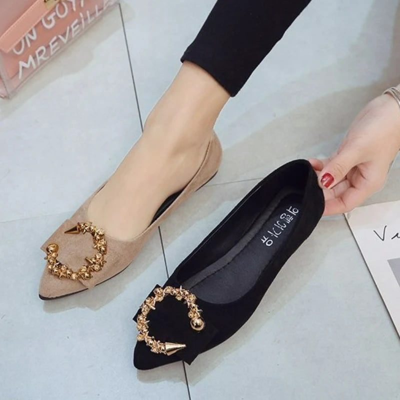 Women's Flats Pointed Toe Loafers Fashion Low Heel Casual Shoes Comfortable Shallow Shoes Slip On Metal Decorative Women Shoes