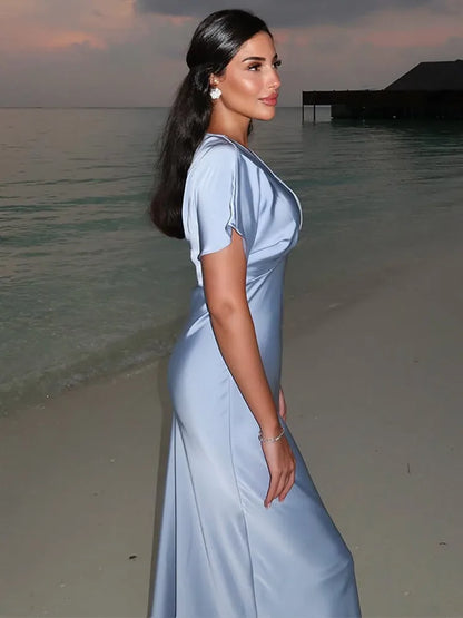 Elegant Satin Solid Long Dress Women V-neck Short Sleeve Pleated Slim High Waist Dresses 2025 Summer Lady Party Evening Robes