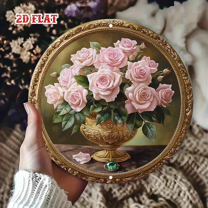 Classic Tin Decor-Elegant Gold-Framed Painting of Pink Roses in Ornate Vase,Round Poster for Living Room,Studio,or Diner Terrace