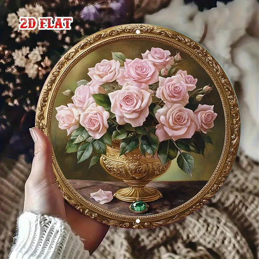 Classic Tin Decor-Elegant Gold-Framed Painting of Pink Roses in Ornate Vase,Round Poster for Living Room,Studio,or Diner Terrace