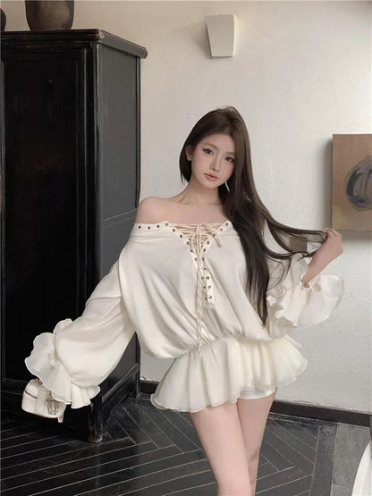 New Fall Sexy Slash Neck Red Super Mini Dress Women Lace Up Straps Short Shirt Fashion Flare Sleeve Ballet Off Shoulder Blouse