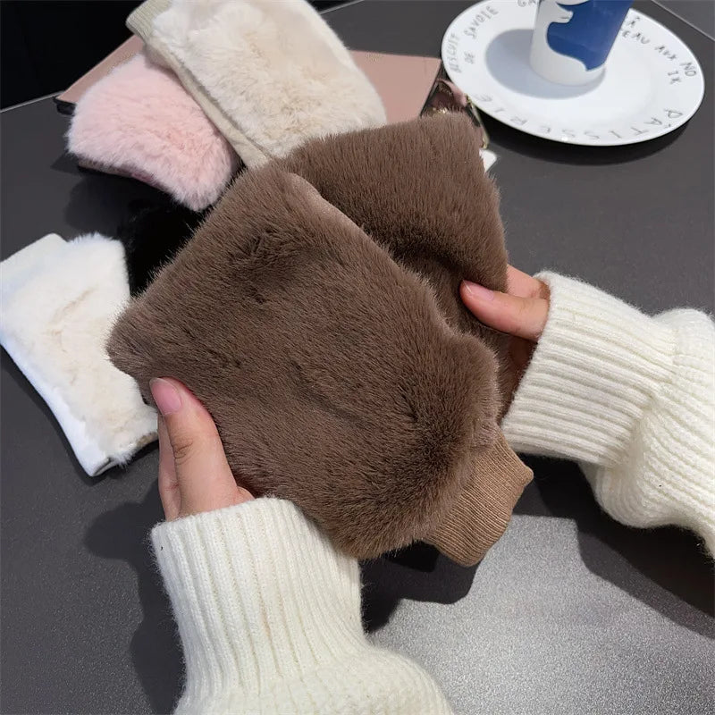 Winter Korean version half -finger leopard gloves suede iconic fur gloves, students with velvet fur, warm gloves wholesale