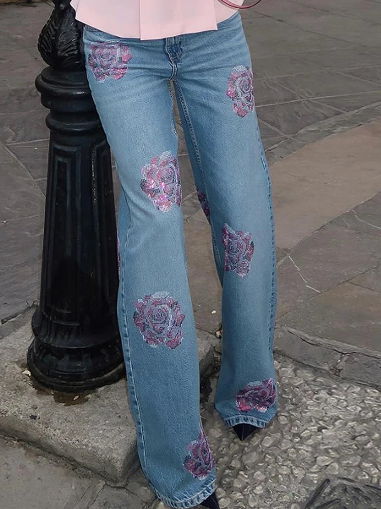 Retro Floral Rhinestone Denim Women's Pants Fashion High-Waist Straight Famale Jeans Spring New Design Streetwear Trousers