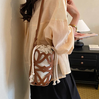 Solid Color PU Versatile Hollow Out Mini Bucket Bag Hot Sale Adjustable Strap Shoulder Bags Casual Drawstring Crossbody Bags