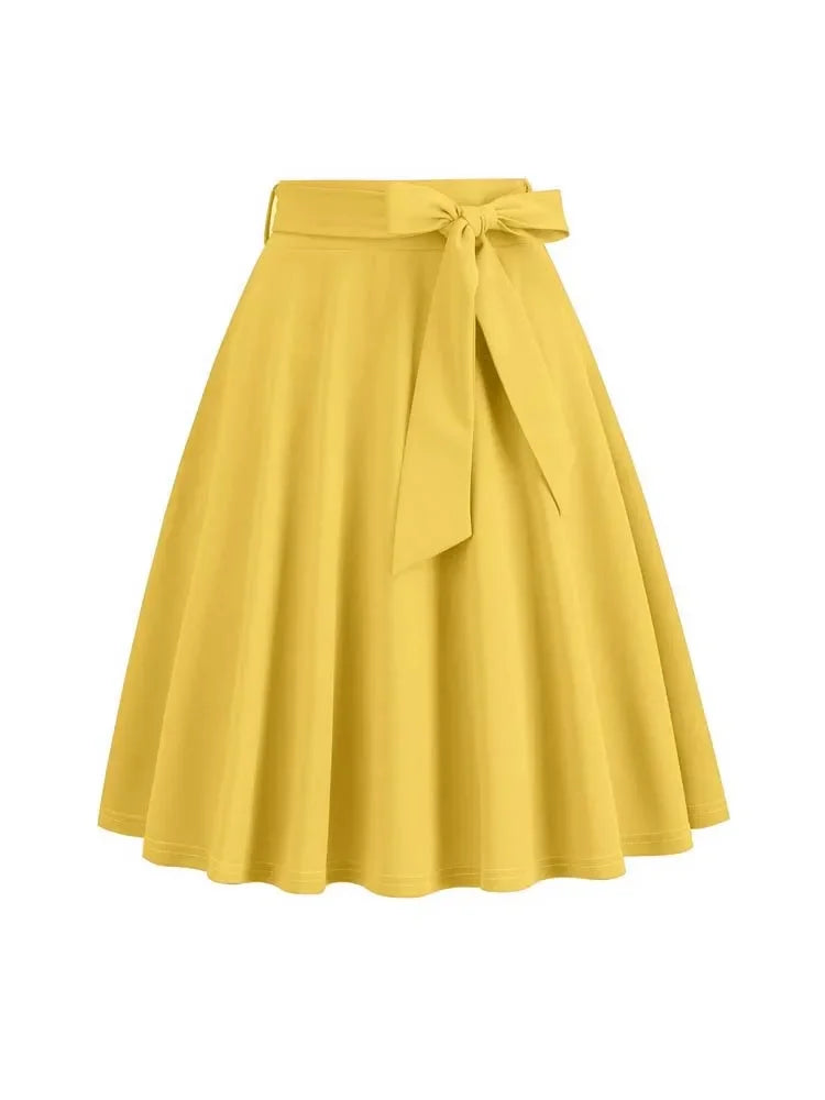 2025 Women Retro Vintage Midi Long Skirt Solid Elegant High Waist A Line Skater 50s Swing Skirts Ladies Workwear Falda Mujer