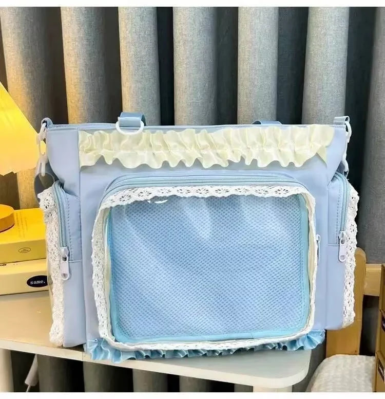 Y2k New Sweet Ita Shoulder Bag Lolita Girl Transparent Crossbody Bag Women Large Capacity Lace Tote Bag Cute DIY Display Handbag