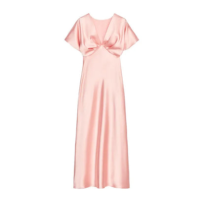 Elegant Satin Solid Long Dress Women V-neck Short Sleeve Pleated Slim High Waist Dresses 2025 Summer Lady Party Evening Robes