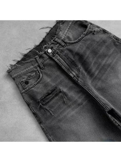 HOUZHOU Washed Ripped Short Jeans Women and Man Hole Embroidery Wide Leg American Retro Jorts Baggy Casual Streetwear Summer