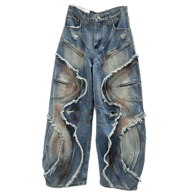 DEAT 2025 Autumn New Fashion Patchwork Burrs Cargo Denim Pants For Women High Waist Loose Wide-leg Jeans Female Trendy 11A06257