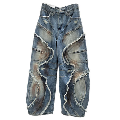 DEAT 2025 Autumn New Fashion Patchwork Burrs Cargo Denim Pants For Women High Waist Loose Wide-leg Jeans Female Trendy 11A06257