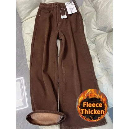Women Casual Retro Wide Leg Fleece Thicken Denim Trouser Harajuku Loose Jeans 2025 Winter Solid High Waist Y2K 2000s Brown Pants