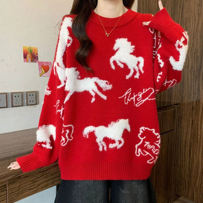 Couple red sweater men's and women's new birth year autumn and winter Chinese New Year  Horse thickened knitted sweater jacket