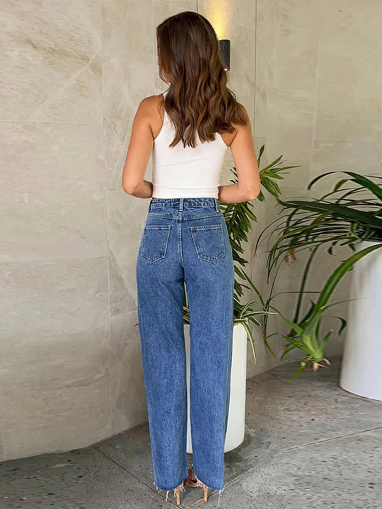 Trendy Women's High Waist Straight Leg Denim Jeans Pant With Chic Studded Beads Design Female Trendy Casual Streetwear Trousers