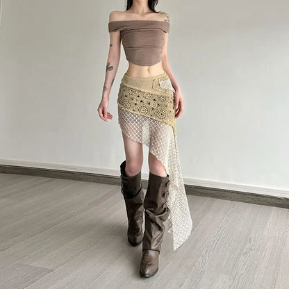 Bohemian Vintage Embroidery Knitted Skirts Summer Lace Patchwork Skirt for Women 2026 New Slim Fit Bodycon Faldas Mujer