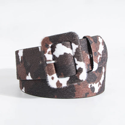 Y2K young girl versatile imitation horse-haired cow pattern belt cross-border wide brown fur buckle spot women's belt