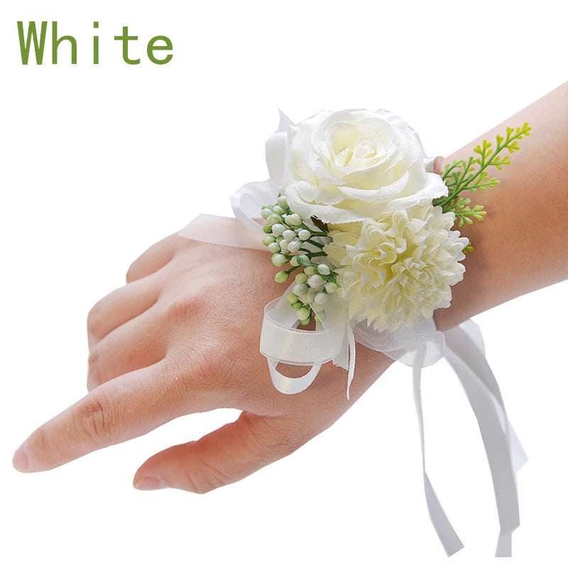 Girls Bridesmaid Wrist Flowers Groom Boutonnier Suit Corsage Pins Artificial Silk Rose Fabric Hand Flowers Wedding Accessories