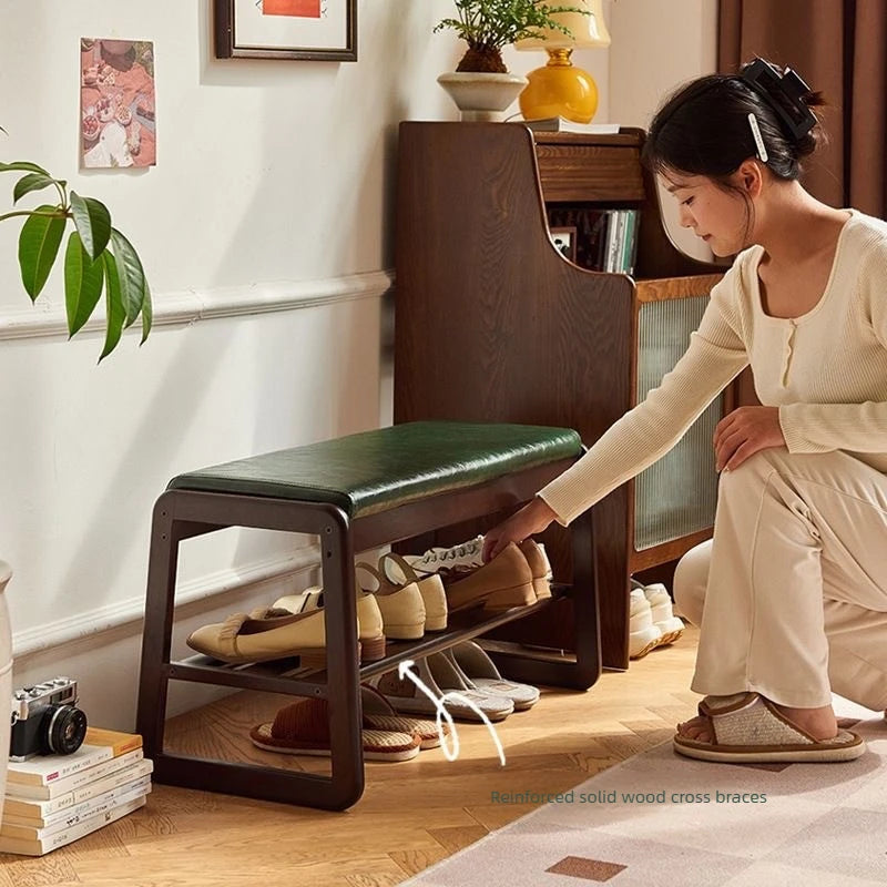 Household solid wood shoe changing stool, solid wood shoe cabinet, sponge pad, leather soft bag stool, shoe wearing stool