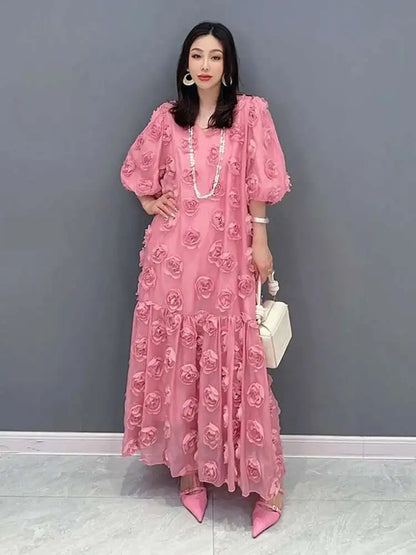 SHENGPALAE Fashion Rose Blossom Bubble Sleeve V-Neck Dress Elegan Chic Short Sleeve Robe Women's 2024 Summer New Clothing 5R3438