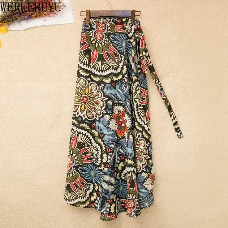WERUERUYU Wrap Skirts Women Casual Chiffon Tie-Waist Ruffle Wide Leg Loose