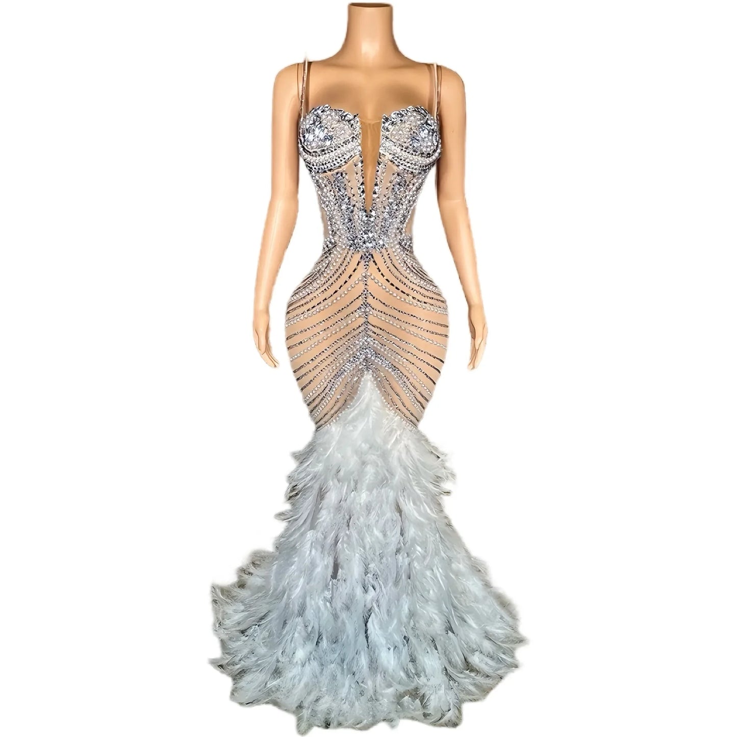 Luxury Pearls Grand Feather Sexy Floor-Length Dress Evening Party Performance Costume Bar Nightclub Singer Dancer Stage Wea