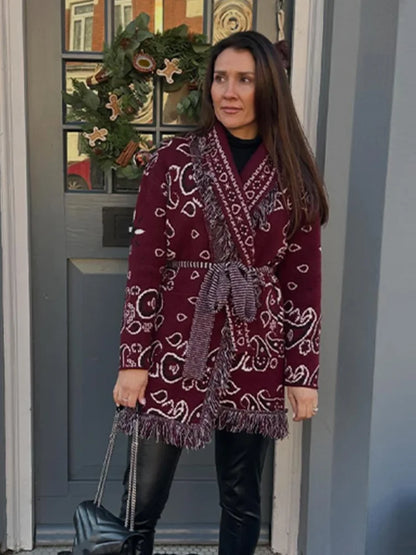 Women Tassel Knit Cardigans Fashion V Neck Long Sleeve Belt Female Knitwear 2026 Spring Autumn Elegant Ladies New In Outerwears