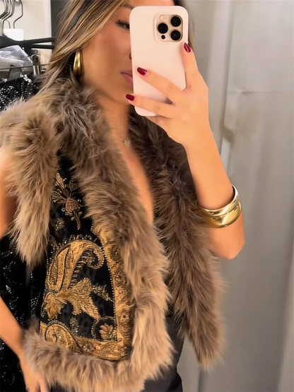 Women's Vintage Paisley Pattern Sleeveless Vest With Raccoon Fur Trim Fashion Waistcoat Outerwear 2025 Autumn Winter Streetwear