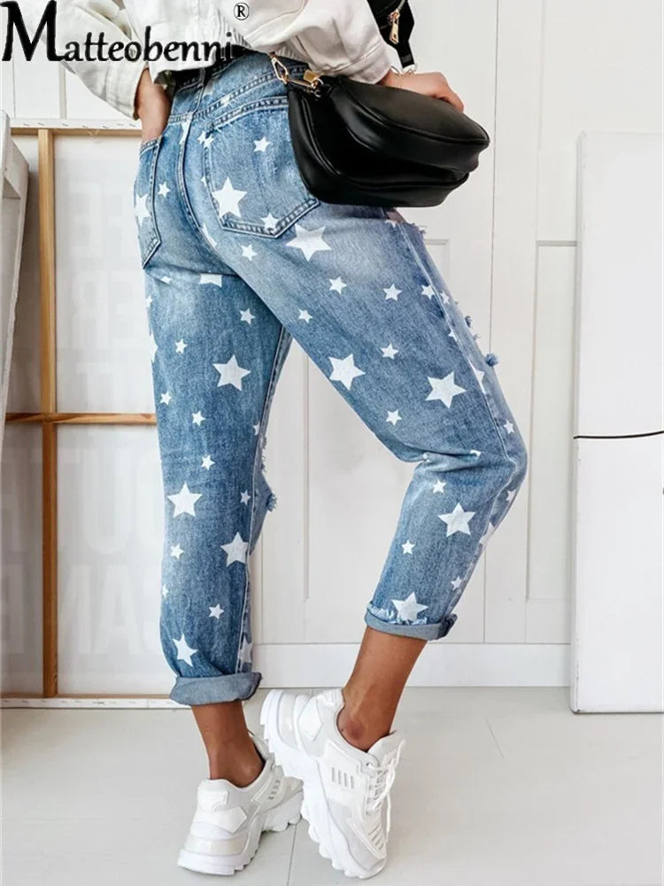 New Autumn Boyfriend Jeans Woman Slim Hole Jeans For Ladies With Five-Pointed Star Ripped Jeans Street Casual Blue Denim Pants