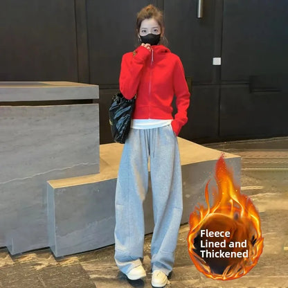 Korean Sle Winter New All-Match Hooded Zipper ort Sweatirt Jaet Thiened Fce Warm Casual Pants Set