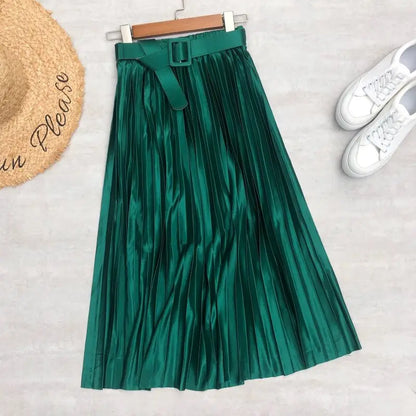 Seoulish 2025 New Solid Elegant Stain Women's Pleated Skirts with Belted High Waist Skirts Mi-long Umbrella Skirt Spring Summer