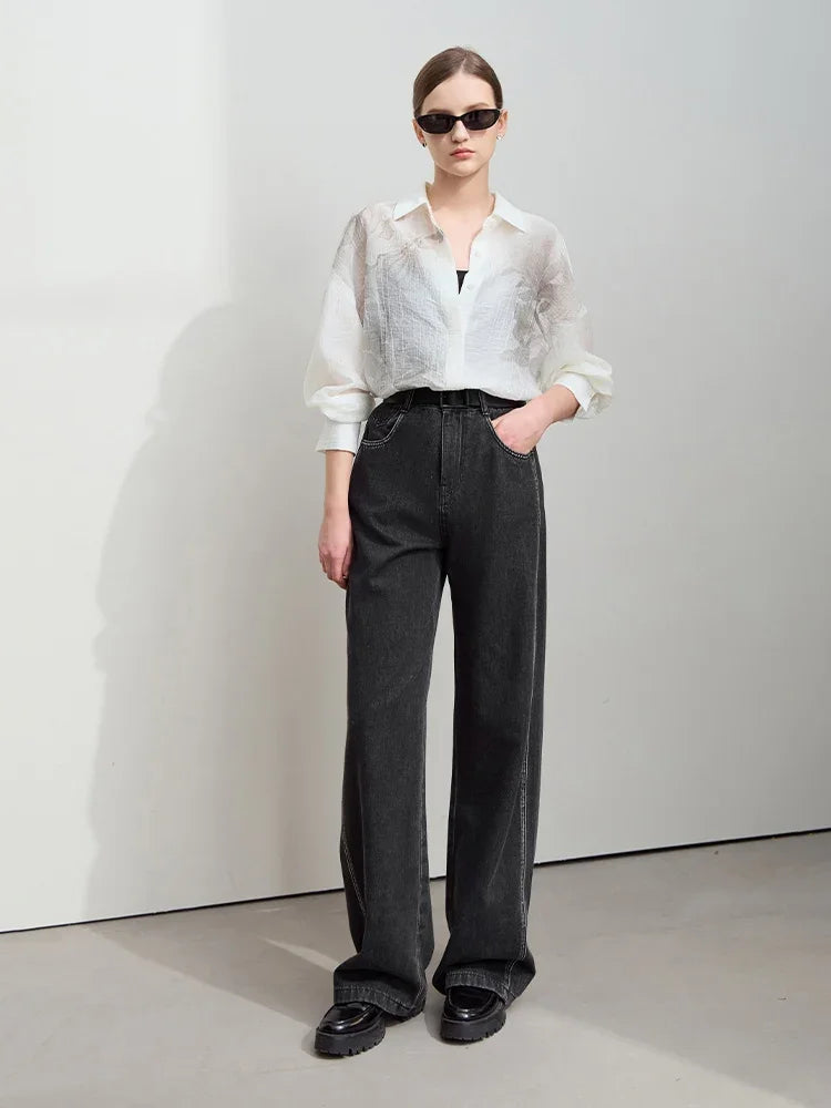 Amii Minimalist Solid Casual Lazy Loose Cotton Drape Wide-leg Pants 2025 Spring New Distressed Black Denim Trousers 12551019