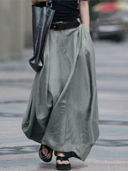 Autumn Women's Vintage Simple Skirt Summer Fashion Loose Solid Cotton Linen High Waist Casual Beach A-line Maxi Skirts Female