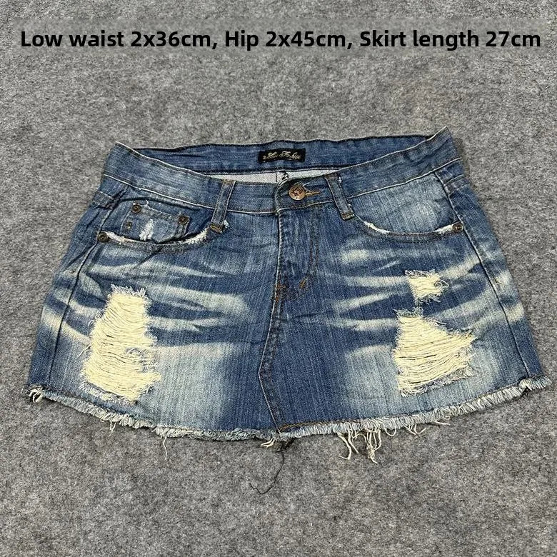 Sexy American Vintage Low Waist Denim  Skirt for Students Z4 Antiquing Y2K Trendy ort Skirt with Handmade Ripped And Fo...