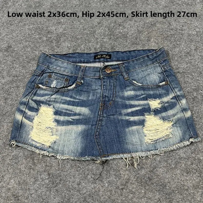Sexy American Vintage Low Waist Denim  Skirt for Students Z4 Antiquing Y2K Trendy ort Skirt with Handmade Ripped And Fo...