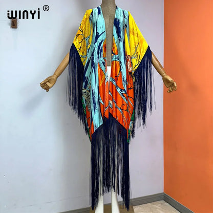 WINYI kimono cover-ups summer boho print Bikini Cover-up Elegant fashion Cardigan sexy Holiday long Sleeve tassels maxi dress