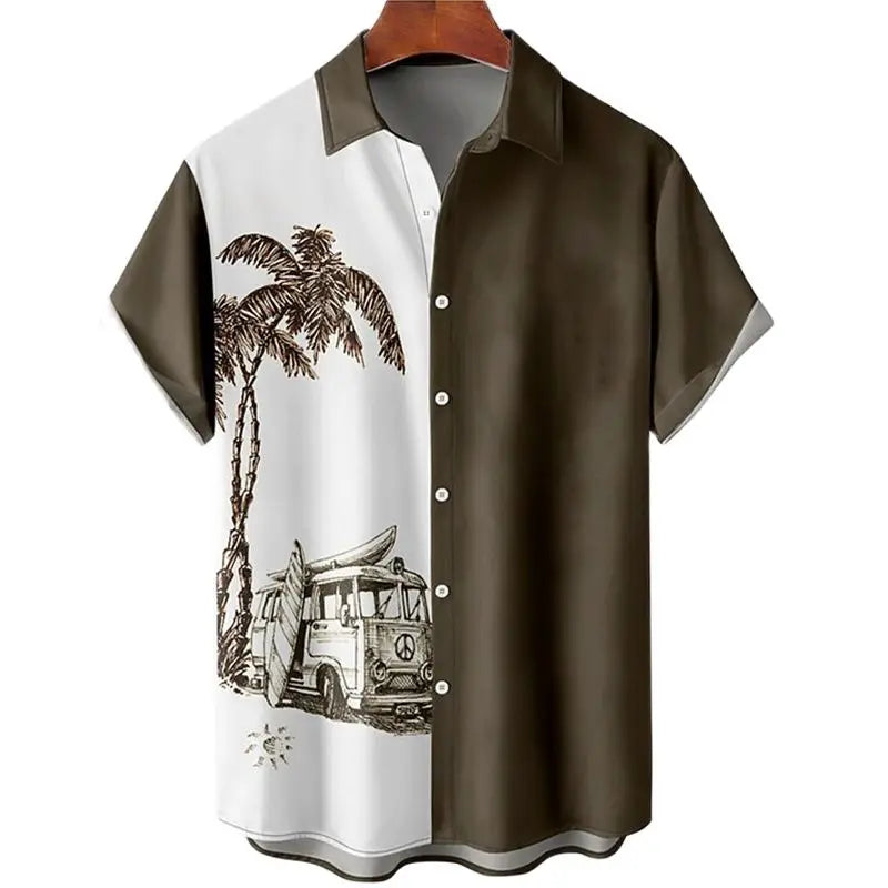 Hawaiian Shirt Men Summer 3d Coconut Tree Printed Holiday Short Sleeve Tops Tee Oversized Blouse Casual Dress