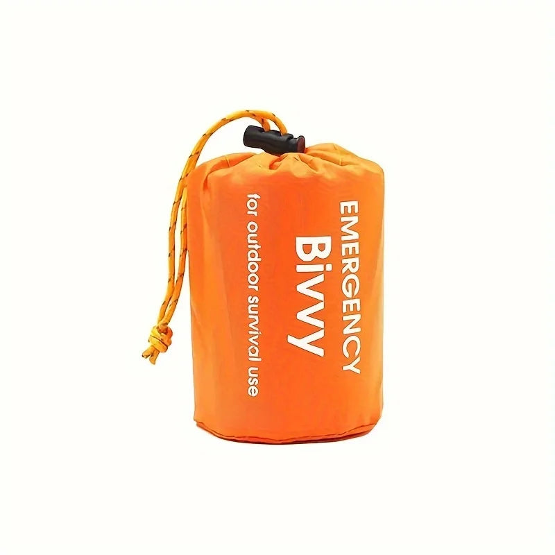 Insulated emergency sleeping bag, reusable & compact w/ whistle. PE material, drawstring. For outdoor & first aid.