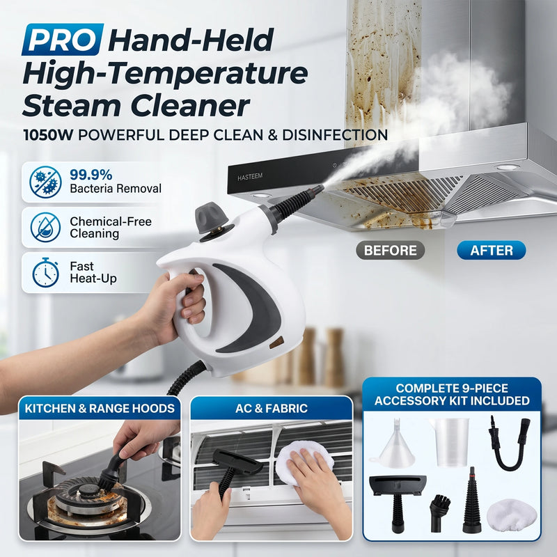 1050W Handheld Steam Cleaner High Temperature Pressurized with 9Pc Accessory Kitchen Range Hood Disinfection & Cleaning Steamer