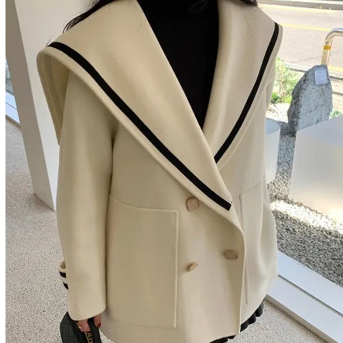 Japanese Sle Small Size Woolen Coat Women Winter Faion Anti-Aging Navy Collar Fake Camere Loose Knitwear Top