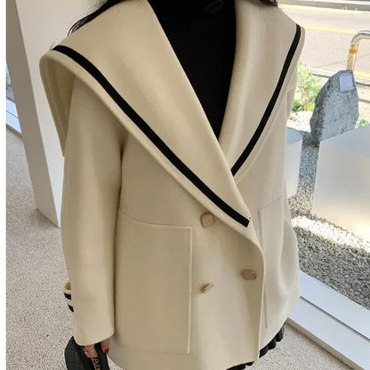 Japanese Sle Small Size Woolen Coat Women Winter Faion Anti-Aging Navy Collar Fake Camere Loose Knitwear Top