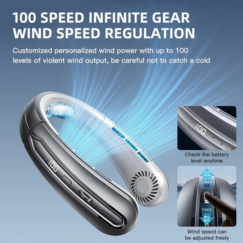 Lenovo Digital Display Neck Hanging Fan Portable 5 Speed Ultra Hanging Neck Fan USB Rechargeable Refrigeration Leafless Fan