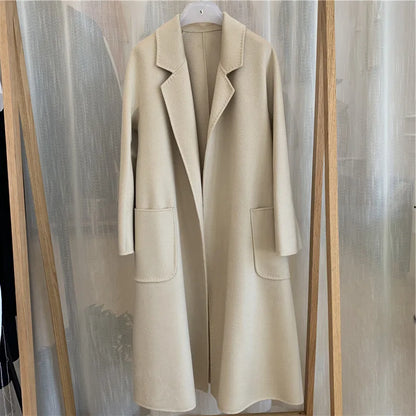 2023 Korean Women Handmade Corrugated Water Ripples Coat Double-sided Cashmere Wool Long Woolen Jacket Cashmere Coat Outerwear