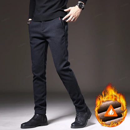 Winter Fleece Warm Brushed Fabric Men's Casual Pants Outdoors Business Thick Cotton Flocking Plush Black Grey Blue Trousers Male
