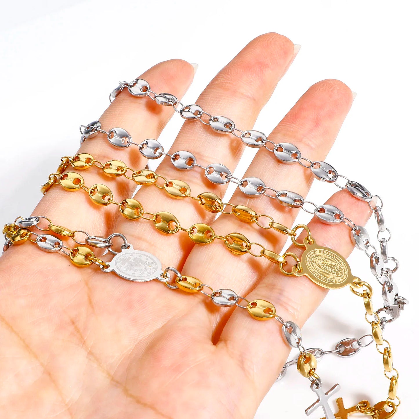 304 Stainless Steel Religious Pig Nose Chain Prayer Beads Rosary Necklace Cross Virgin Mary For Men Women 50cm(19 5/8") long
