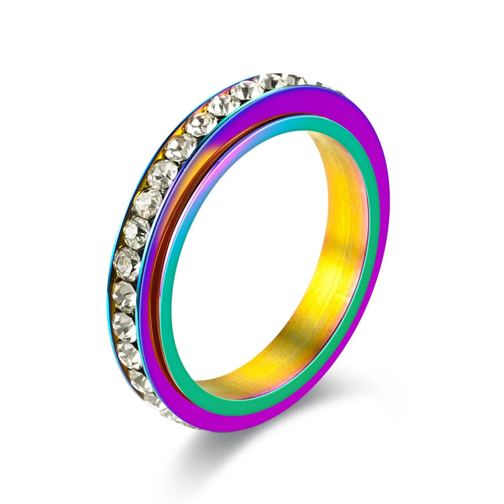 4MM Spinner Finger Rings For Women Crystal Rotatable Wedding Stainless Steel Ring Men Korean Anniversary Party Jewelry