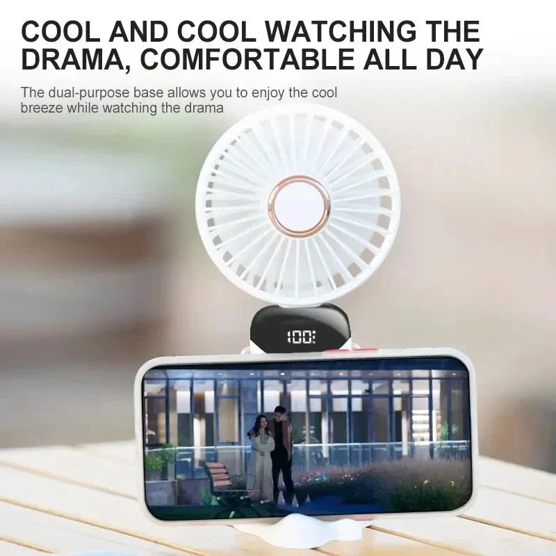 New Portable Handheld Fan with Digital Display, 5-Speed USB Rechargeable Mini Fan, Ultra Quiet Personal Fan with Lanyard & Bas