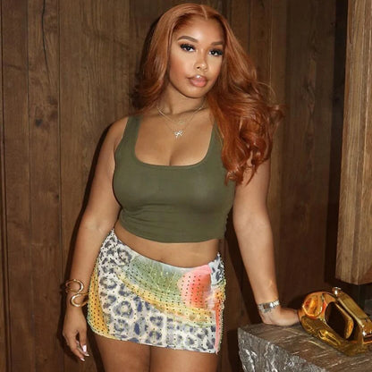 Chic Women Summer Bodycon Skirts Casual Leopard/Floral Print Rhinestones Mini Skirt for Beach Vacation Club y2k Streetwear