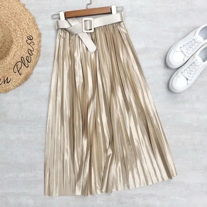 Seoulish 2025 New Solid Elegant Stain Women's Pleated Skirts with Belted High Waist Skirts Mi-long Umbrella Skirt Spring Summer