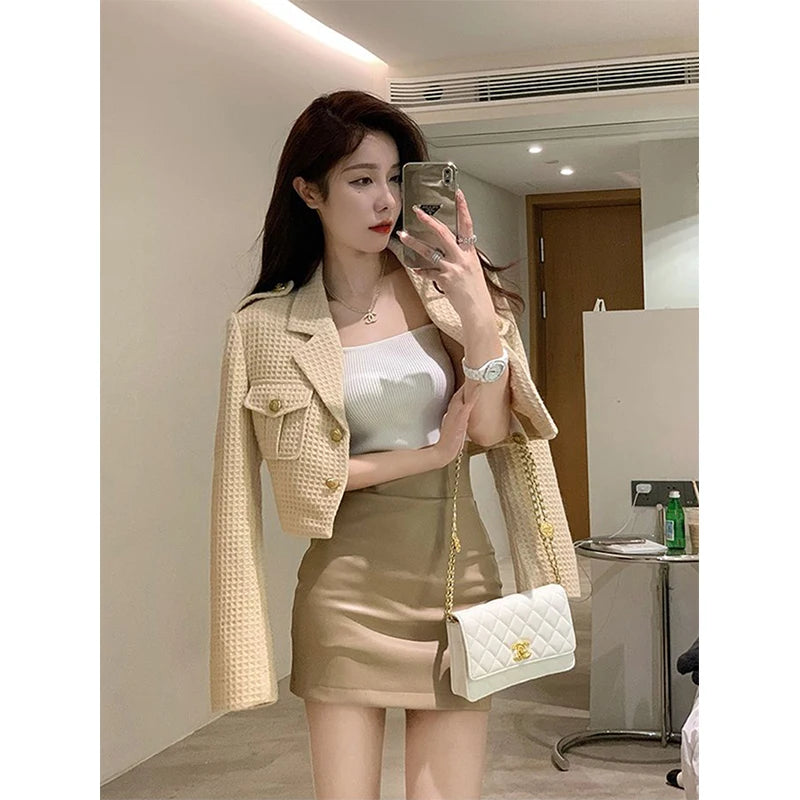 MEXZT Cropped Jackets Women Elegant Basic Blazer Coats Office Lady Korean Autumn Long Sleeve Slim Simple All Match Outwear New